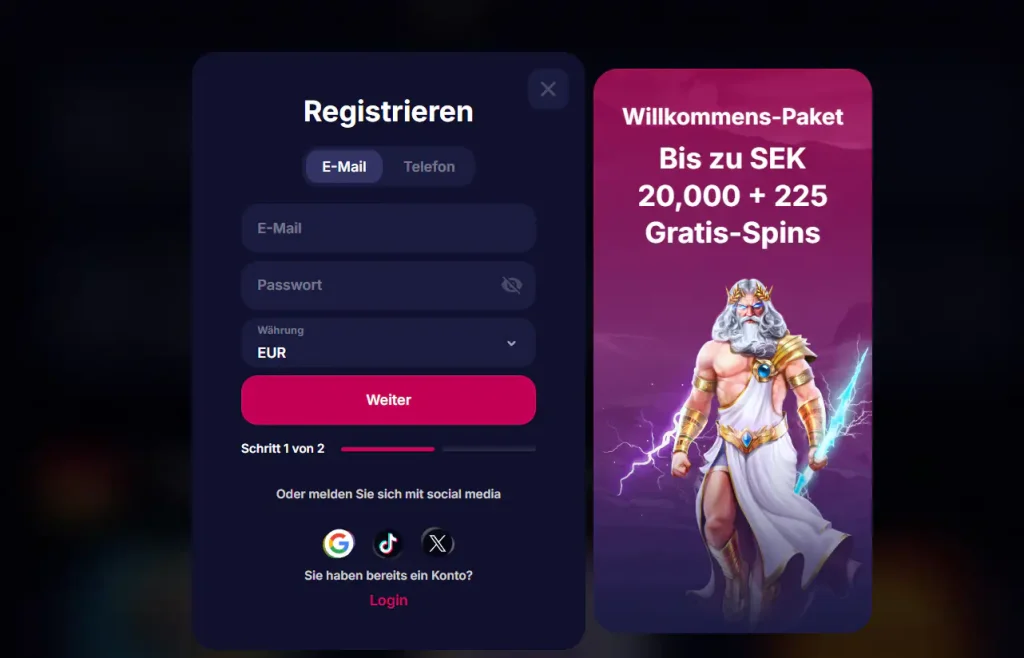 NV Casino Registrierungsformular mit Kontaktangabe, Passwort und Kontowährung