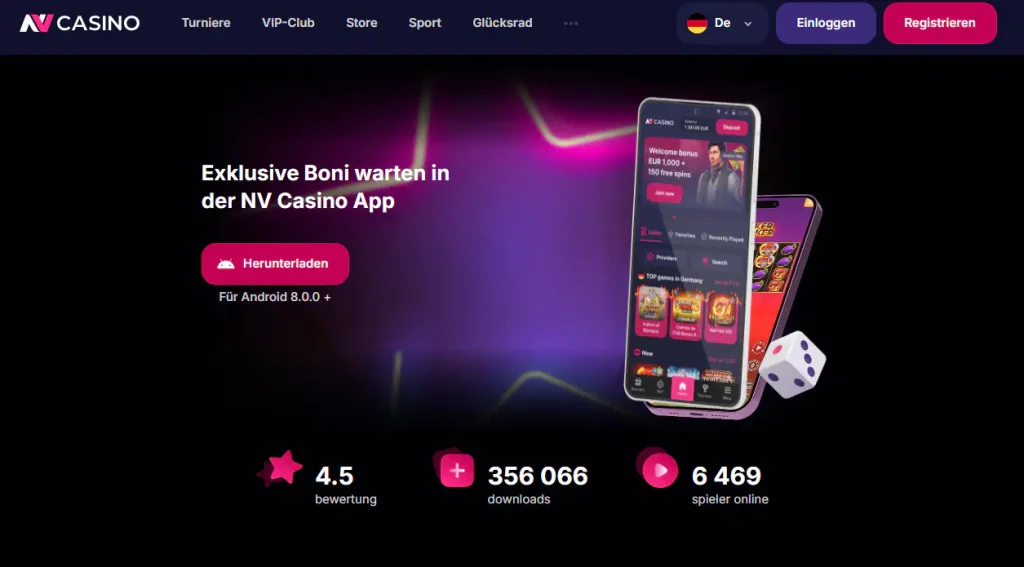 NV Casino Mobile-Application-Seite mit Hinweisen für Android und iOS