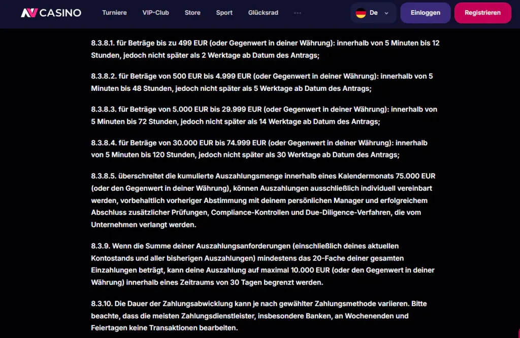 NV Casino AGB mit Regeln zu Bearbeitungsfristen bei Auszahlungen