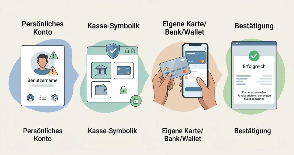 Einzahlungsablauf mit Konto, Zahlungsbereich, eigener Zahlungsmethode und Bestätigung
