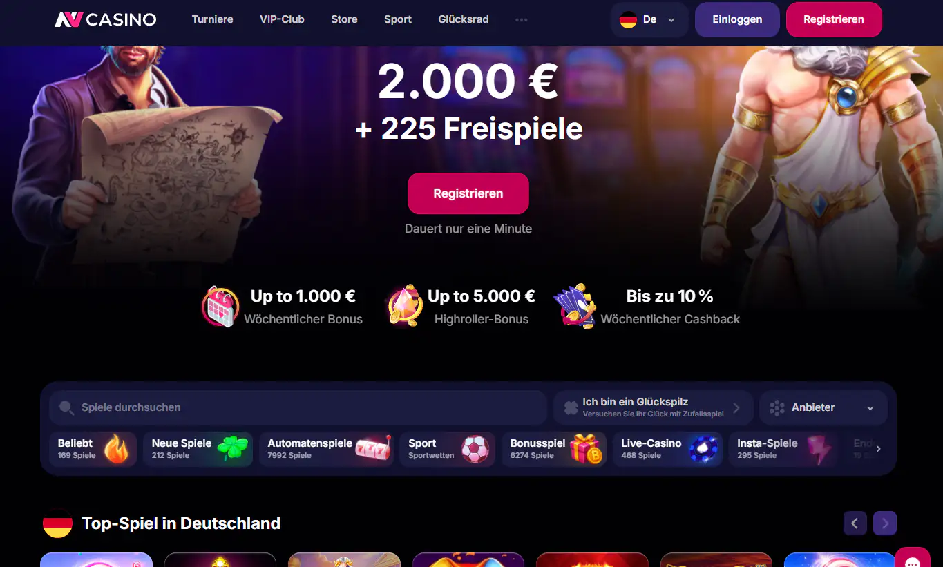 Deutsche NV Casino Startseite mit Bonusangebot und Spielkategorien