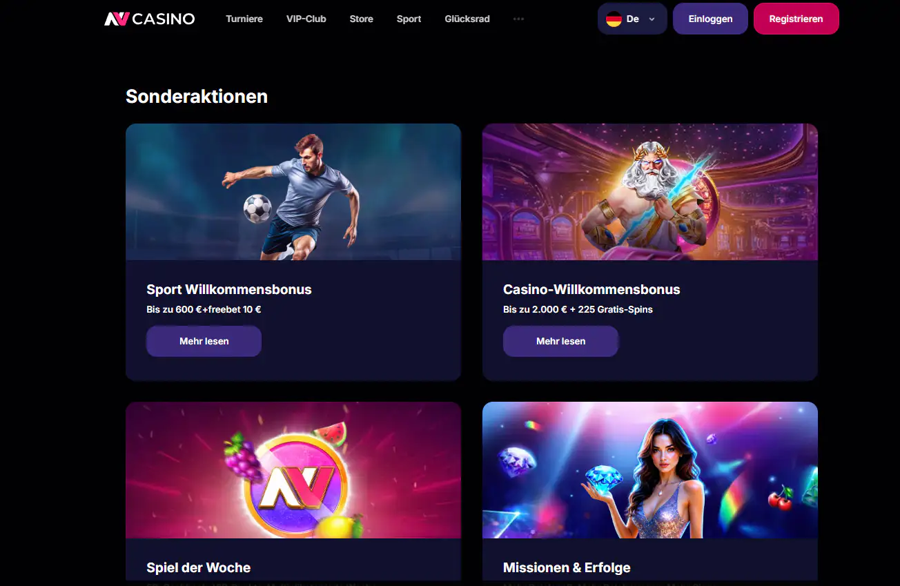 Deutsche NV Casino Bonusseite mit aktuell sichtbaren Aktionen
