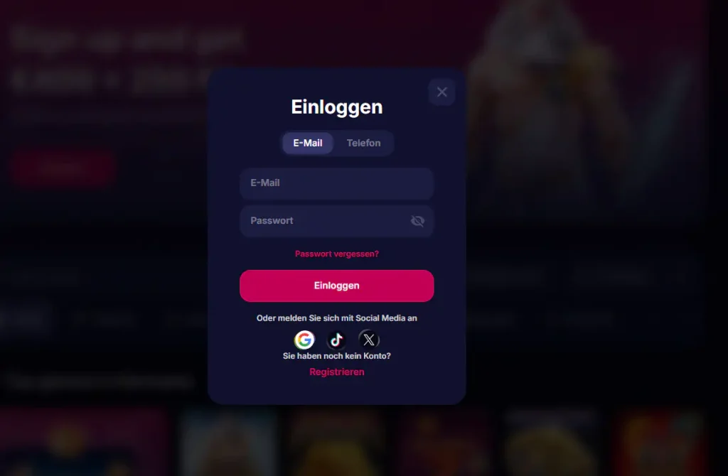 NV Casino Login mit E-Mail- oder Telefonfeld, Passwort und Passwort-Reset