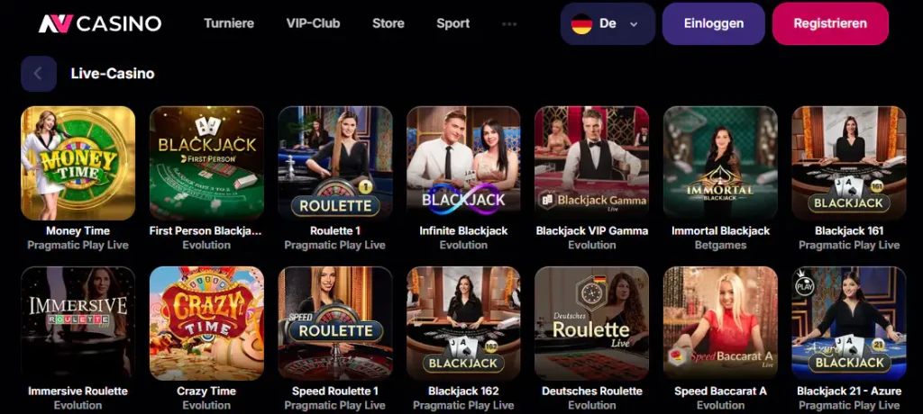 NV Casino Live-Casino-Lobby mit verschiedenen Tischspielen