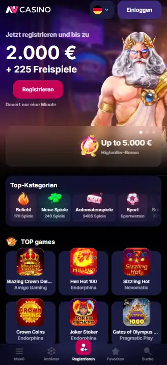 Deutsche NV Casino Startseite auf einem Smartphone
