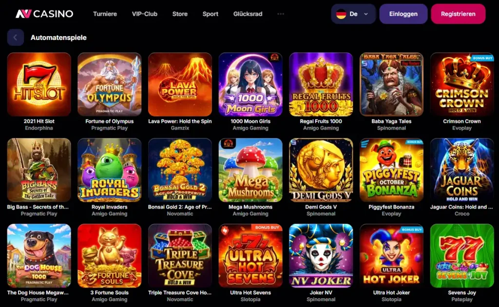 NV Casino Automatenspiele mit mehreren Slot-Titeln und Kategorien