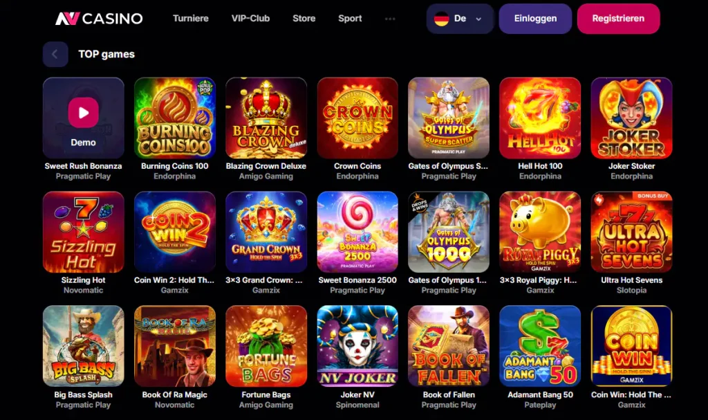 NV Casino Top-Games-Bereich mit verschiedenen Spielkategorien
