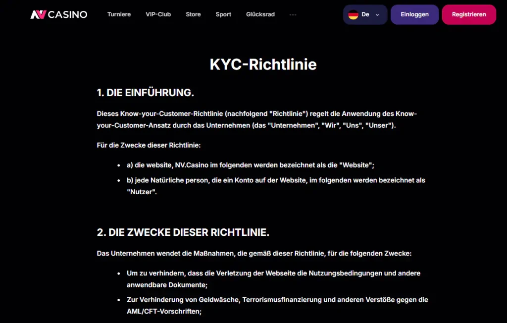 NV Casino KYC-Seite mit Angaben zu Identitätsprüfung und Dokumenten