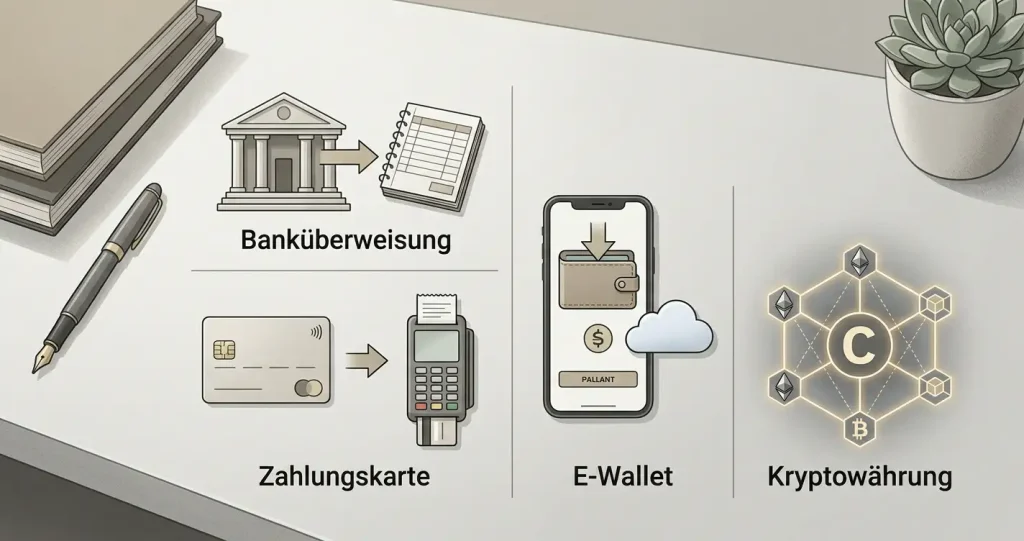 Zahlungsmethoden mit Karte, Banküberweisung, E-Wallet und Kryptowährungen